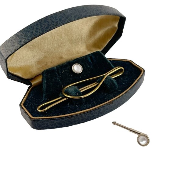 Tie Clip 10K Gold Filled and Mother of Pearl Tuxedo Buttons in Leather Box - Picture 5 of 11